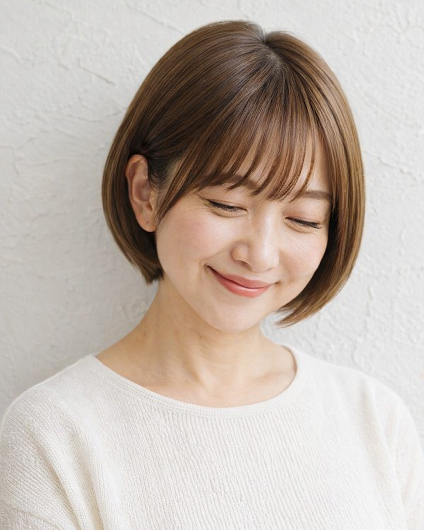 丸みショート顔が小さく、引き上がって見える若返りライン 明るい白髪染め,リタッチ